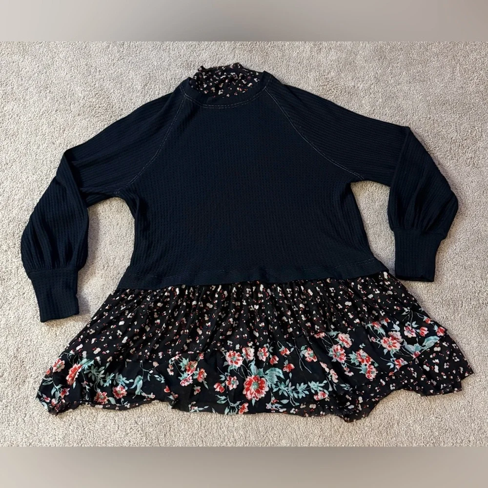 FREE PEOPLE Opposites Attract Mini Dress Black Floral Boho Ruffle Size M - Picture 5 of 8